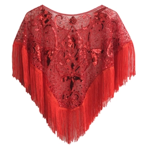 Detail of red sequined shawl with fringe embroidery for 1920s vintage evening dress