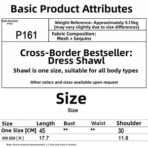 Size chart for sequins mesh wrap evening cape with measurements for length and shoulders