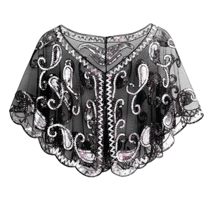 Vintage 1920s black mesh capelet with silver sequins and paisley patterns for evening gowns