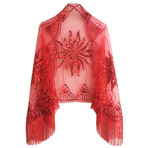 Red sequin evening shawl with floral embroidery and long tassel trim on white background