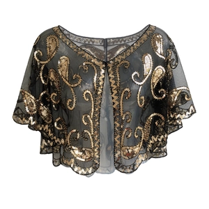 Retro 1920s sheer mesh black shawl with vintage gold sequins and paisley patterns
