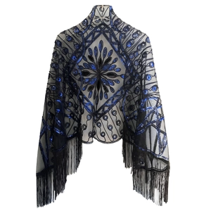 1920s Vintage Sequin Shawl For Women Mesh Evening Cape Wrap With Tassels Retro Party Accessory Beaded Shawl Banquet Scarf