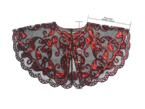 Detail showing red sequins paisley pattern on black mesh shawl, 30cm shoulder, 45cm length