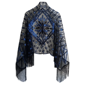 Vintage 1920s black mesh cape with blue sequins, geometric patterns and long tassels