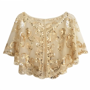 Detail of 1920s vintage champagne shawl with gold sequins and paisley embroidery