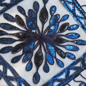 Macro detail of navy blue sequin embroidery on mesh for vintage 1920s evening shawl