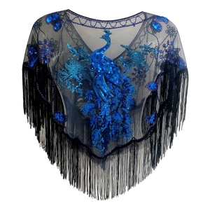 Black mesh evening shawl with blue sequin peacock embroidery and long fringe tassels