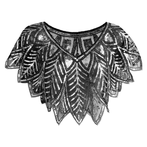 Vintage 1920s evening shawl with silver sequins and Art Deco patterns on black mesh