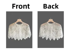 Front and back detail of white tulle cape with silver sequins and Art Deco patterns