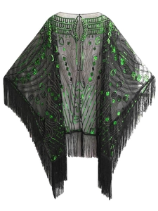 1920s Gatsby vintage shawl cape with green sequins and long black tassels on mesh