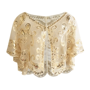 Sparkling gold sequin paisley shrug shawl with scalloped edges for evening dresses