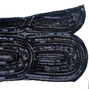 Detail of 1920s evening shawl featuring black sequins and complex geometric beadwork