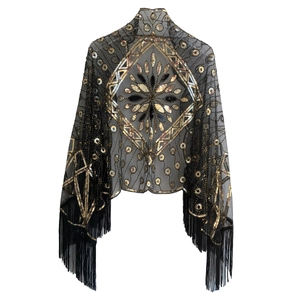 Vintage 1920s evening shawl with gold sequins, black mesh and beaded fringe trim
