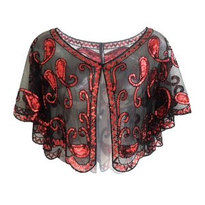 Vintage 1920s evening shawl with red sequins and paisley patterns on black mesh