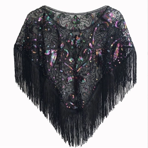 Women Vintage 1920s Style Sequin Beaded Mesh Shawl Tassel Fringe Evening Cape Bolero For Party Wedding Banquet Dress Accessary
