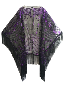 1920s vintage style black mesh cape with purple sequins and long fringe tassels