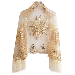 Elegant gold sequin evening shawl with fringe tassels and vintage sunburst embroidery