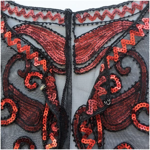 Detailed macro view of red paisley sequins on black mesh with invisible hook closure