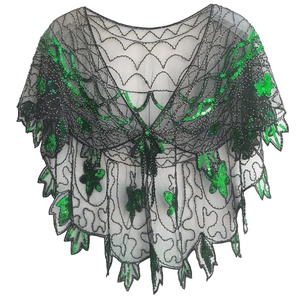 Châle Gatsby vintage des années 1920 avec paillettes vertes et perles sur tulle noir