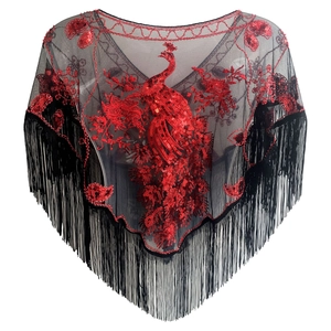 Sequin evening shawl with red phoenix embroidery and black fringe for formal dresses