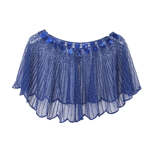 Navy blue sequin shawl with vertical beadwork and wavy hem for evening dresses