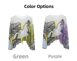 Detailed comparison of green and purple sequin embroidery on sheer mesh long sleeve tops