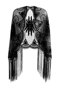 1920s vintage black mesh flapper shawl with shimmering sequins and long tassels
