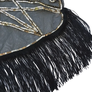 Detail of 1920s vintage sequin embroidery and long black tassels on mesh fabric shawl