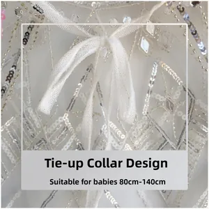 Detail of white mesh cape with silver sequins for girls, size 80cm to 140cm