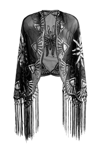 Elegant 1920s vintage black mesh shawl with silver sequins and long fringe tassels
