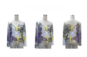 Three-angle view of sheer mesh top with intricate purple and yellow sequin floral embroidery