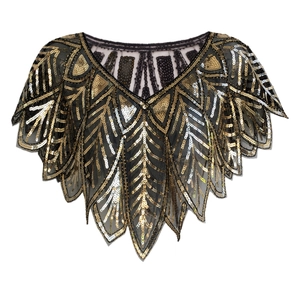 Close-up of black mesh evening shawl with gold and silver sequins in Gatsby leaf patterns