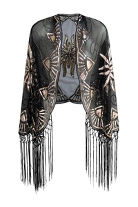 Vintage 1920s Art Deco black mesh shawl with gold sequins and long tassel trim