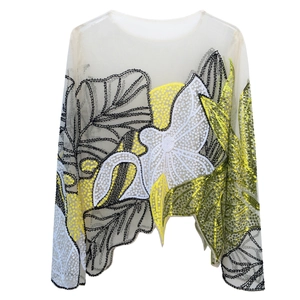 Detailed close-up of sequin floral embroidery on a sheer white mesh long-sleeved top