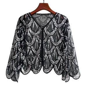 1920s vintage black mesh shrug with silver sequins and scalloped patterns