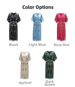 Détails des robes à sequins col V en noir, bleu ciel, rose, abricot et vert foncé