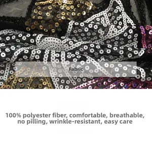 Close-up of geometric wave patterns with high-density sequins on black mesh fabric