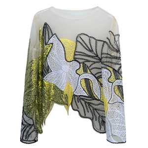 Close-up of intricate sequin embroidery and floral patterns on sheer mesh fabric
