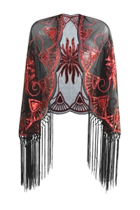 Vintage 1920s style black mesh shawl with red sequins and long tassels for evening parties