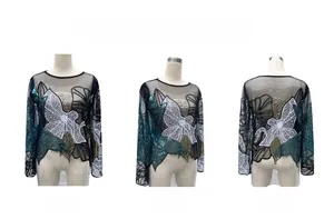 Three-angle view of long sleeve mesh top with blue floral sequins and beaded details