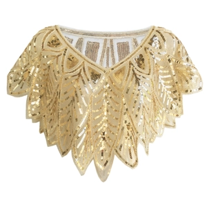 Golden 1920s vintage sequins cape with sheer mesh and geometric pattern for evening gowns