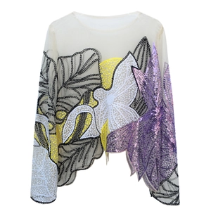 Macro detail of intricate sequins and embroidery on sheer mesh party blouse fabric