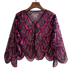 1920s vintage mesh evening shawl with pink sequins and elegant scalloped edges