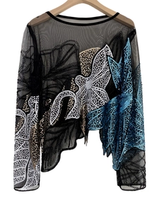 Detail view of intricate blue and gold floral sequin embroidery on black mesh long sleeve top