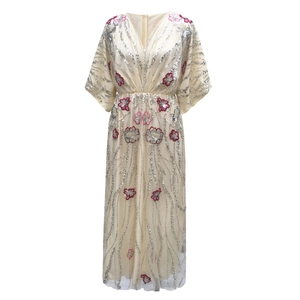 Elegant champagne V-neck maxi dress with silver sequins and floral embroidery details