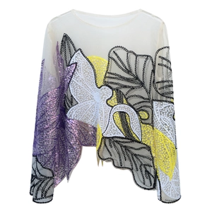 Macro detail of intricate sequin embroidery with colorful bird and leaf motifs on mesh top