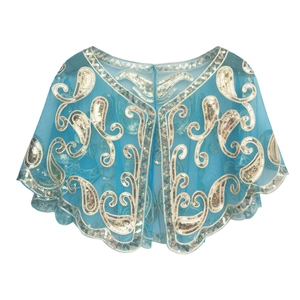 Vintage light blue mesh shawl with gold sequin embroidery for 1920s evening parties