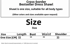 Size chart showing 53cm length and 33cm shoulder width for the sequined tassel cape