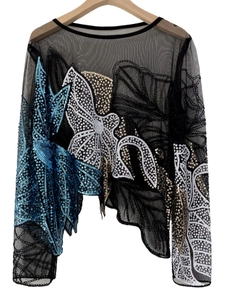 Women's long sleeve mesh top with intricate blue and gold sequin floral embroidery