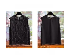 Vue détaillée avant et arrière du débardeur noir avec sequins et perles brodées mains